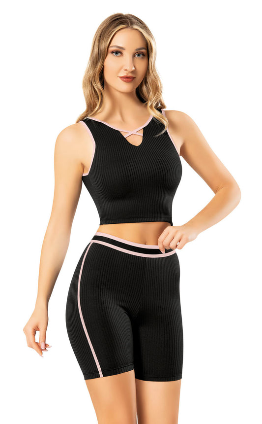 FİTİLLİ KAŞKORSE KUMAŞ YÜKSEK BEL TAYT CROP TAKIM